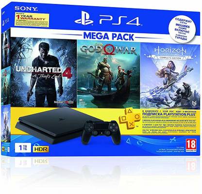 SONY PS4 Slim 1TB Mega Pack 1000 GB with PS4 Uncharted 4, PS4 God of War, PS4 Horizon Zero Dawn