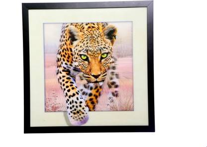 Deepashri Multi Dimensional /3D View Cheetah with Wooden Frame Digital Reprint 16 inch x 16 inch Painting