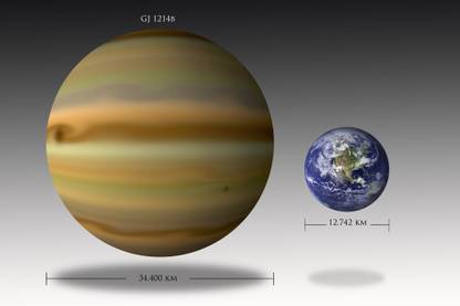 Artists depiction of the size relationship between Earth and Gliese 1214b Canvas Art - Marc WardStocktrek Images (35 x 24) Canvas Art