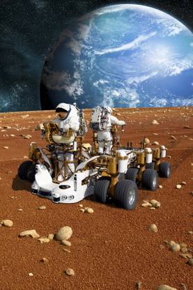 astronauts explore a barren moon on a rover Canvas Art - Marc WardStocktrek Images (23 x 34) Canvas Art
