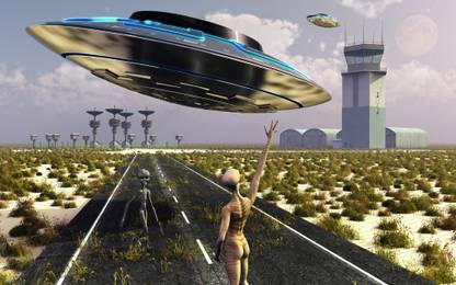 An alien spaceport at a top secret military base Canvas Art - Mark StevensonStocktrek Images Canvas Art