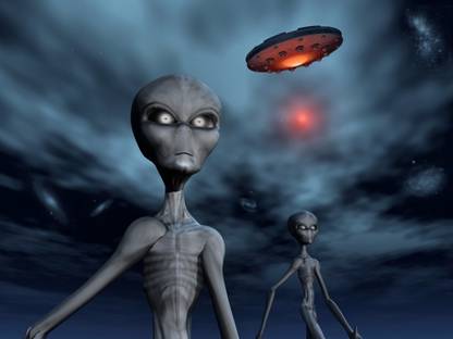 Grey Aliens and their flying saucer visiting Earth Canvas Art - Mark StevensonStocktrek Images (17 x 13) Canvas Art