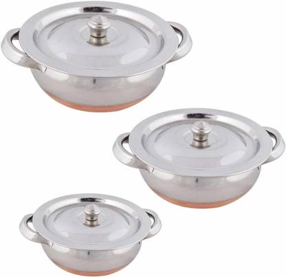 AXOLOTL Premium Handi Set in Stainless Steel Copper Bottom with Lid and Handle Handi for Cooking Serving Rice or Biryani for Moderd kitchens ( Set of 3 ) Handi 500 L, 750 L, 1250 L with Lid