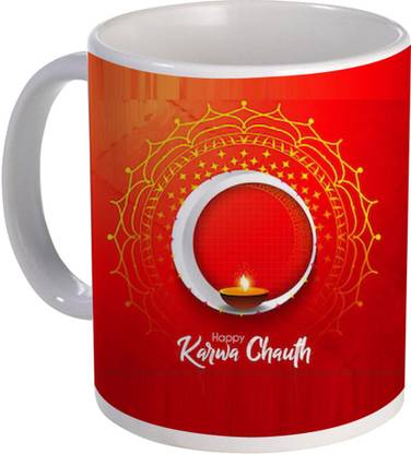 COLOR YARD best happy karwa chauth design with moon and diya on Ceramic Coffee Mug