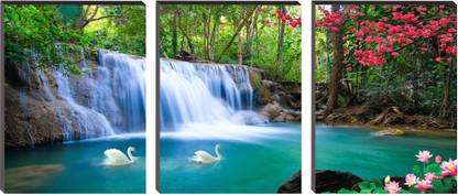 Masstone Vastu Natural Water Fall 3 Piece MDF Painting Digital Reprint 12 inch x 27 inch Painting