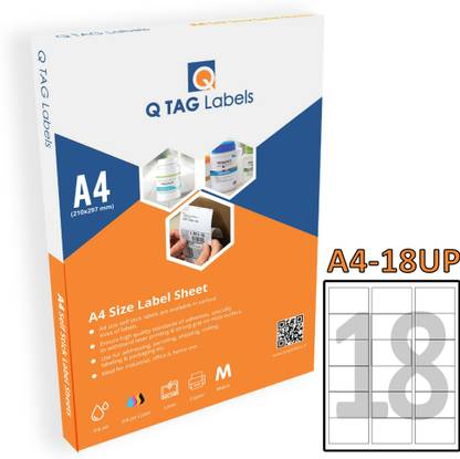 Q TAG 18 Pre-Cut Sticky Labels 100 Sheets (A4/18UPS - 63.5mm x 46.5mm) Permanent Self Adhesive Paper Label