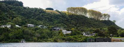 Homes along edge of Lake Tarawera Rotorua District Bay of Canvas Art