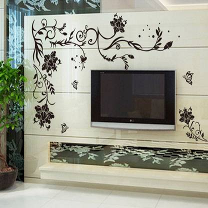 Aquire 175 cm Wall Stickers for Living Room Black Large Size Floral Vine Butterflies Corner Sofa TV Background Decal Self Adhesive Sticker