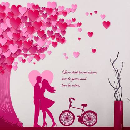 Aquire 105 cm Wall Stickers Romantic Couple Bedroom Decor Valentines Day Under the Heart Leaves Tree and Love Quote with Bicycle Self Adhesive Sticker