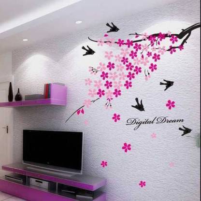 Aquire Wall with Pink Flowers & Branch Self Adhesive Sticker  (Pack of 1)