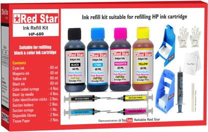 Red Star ink refill kit for HP 680 black & color ink cartridge with ink suction tool for cartridge head cleaning Tri-Color Ink Bottle