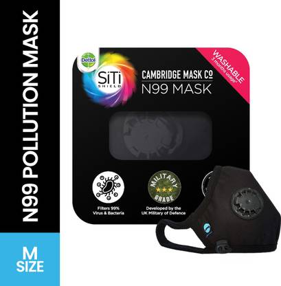 Dettol Pollution Mask N99 (Black, Medium) Reusable, Washable, Durable, Protection against air pollution, dust, pollen Cambridge 99BM