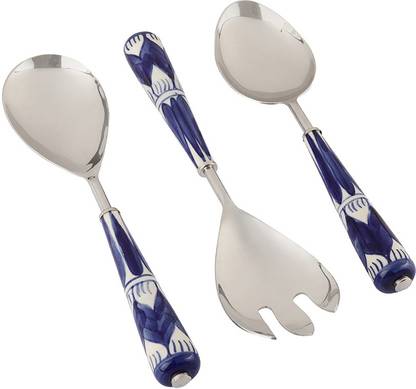 VarEesha Blue Moroccan Ceramic Handle Steel Serving Spoons Set of Three Ceramic Cutlery Set