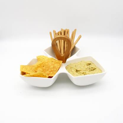 EZ Life 3 Compartment Serving Platter with Wooden Handle - White Ceramic Plate Serving Set