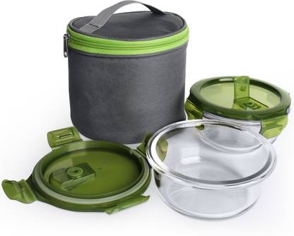 SMARTBUY H26 Borosilicate Glass Lunch Box - Microwavable, AirVent Lid, Premium Carry Bag, Round Shape 2 Containers Lunch Box