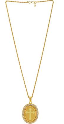 MissMister Gold Plated CZ American Diamond, Cross Crucifix Embossed Oval Pendant Locket, Chain Necklace Church Christian Jewellery for Men Women Boys Girls Gold-plated Cubic Zirconia Brass Pendant