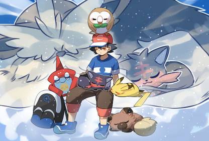 Athah Anime Pokémon Ash Rotomdex Rockruff Litten Pikachu Rowlet 13*19 inches Wall Poster Matte Finish Paper Print