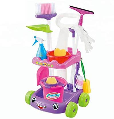 IndusBay Big Size Home cleaning Trolley Mop Toy Play Set with Pull Along Cart Toy