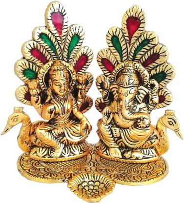 WELLWISHERS CRAFT Laxmi Ganesh Idol Diya Peacock Design Decorative Showpiece  -  16 cm