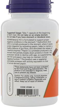 Now Foods Betaine HCL, 648 mg, 120 Veggie Caps