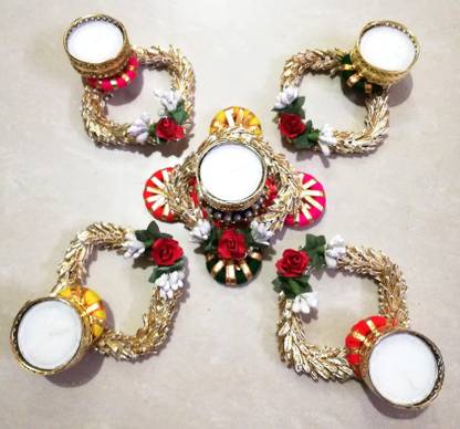 Ekta Handicrafts Ready to use exclusive Rangoli Tealight Set Cast Iron 5 - Cup Tealight Holder Set
