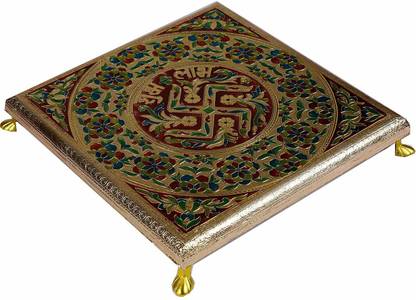 IMPULSE Multi Decorative Meenakari Wooden Saathiya Design Pooja Bajot Wooden Pooja Chowki