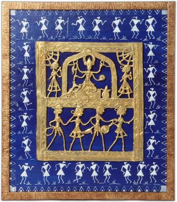 Anavita Fusion Art - Warli painting and Ganesh Dhokra Jali work Canvas 15 inch x 13 inch Painting