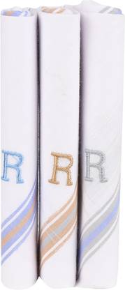 poksi cotton white handkerchief-R Handkerchief (Initial-R) (Pack of 3) ["White"] Handkerchief