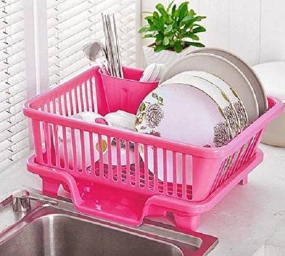 G-Honest Dish Drainer Kitchen Rack Plastic 3 in 1 Kitchen Sink Dish Drainer Drying Rack ( Pink)