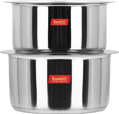 Sumeet Big Size Stainless Steel Induction Bottom (Encapsulated Bottom) Induction & Gas Stove Friendly Container/Tope/Cookware with Lid Set of 2 Pc. Size No.15 (3.5 Ltr), Size No. 16 (4 Ltr) Tope Set with Lid 4 L capacity 25.8 cm diameter