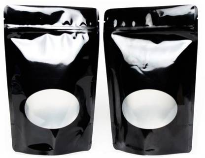 Nimida Stand up / Zipper pouch Black Colour Size 4” x 6” with Oval Window and tear notch Capacity approx. 100 gms ( Pack of 50 nos ) Polypropylene Storage Pouch