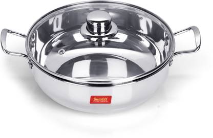 Sumeet Stainless Steel Induction Bottom (Encapsulated Bottom) Induction & Gas Stove Friendly Kadhai With Glass Lid Size No.11 (1.5 LTR) Kadhai 20.5 cm diameter with Lid 1.5 L capacity  (Stainless Steel, Induction Bottom) at Rs. 574
