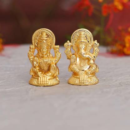 Collectible India Metal Laxmi Ganesh Idol Set - Gold Plated Lakshmi Ganesha Idols Decorative Showpiece  -  8 cm