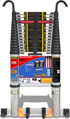 EURO LS Telescopic ladder 18.6 ft ( 5.6 Meter) - Stores at 3.6 ft - New Revolutionary hook Kit - 10x Stronger Zero Flex technology – Flex Free Ladder - Sand Blasted Aluminium - Red Que safe step – Stabilizer, Anti Skid Pads & Wheel Kit Aluminium Ladder