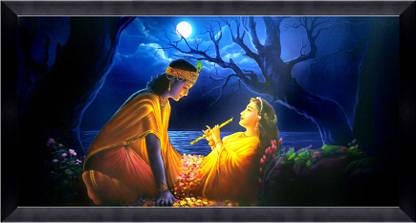 CATALOGWALA Radha Krishna Painting With Moon Lighting Painting With Frame Digital Reprint 12 inch x 24 inch Painting