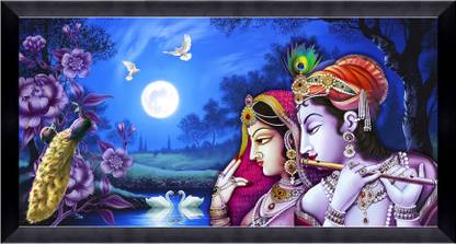 CATALOGWALA Radha Krishna Painting With Full Moon Night Painting With Frame Digital Reprint 8 inch x 16 inch Painting