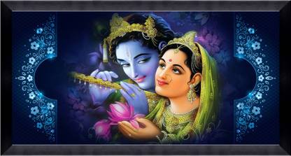 CATALOGWALA Radha Krishna Painting With Pick Lotus Painting With Frame Digital Reprint 8 inch x 16 inch Painting