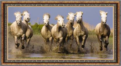 CATALOGWALA White Seven Horses Running On Mud Vastu Wall Art Painting With Frame Digital Reprint 10 inch x 20 inch Painting