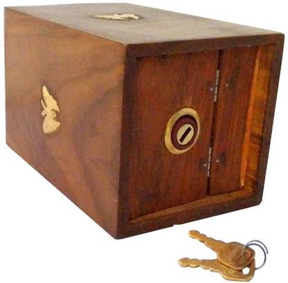 Sri Balajee Gift Wooden Money Bank, Square Shape Coin Box Piggy Bank Coin Bank
