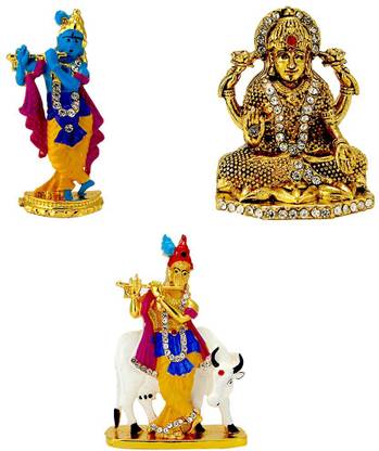 Le Lord Krishna (Krishn) Mata Lakshmi (Maa Laxmi) (Oxidised) Murlidhar Idol / Statue for Home Office Shop Car Dashboard & Gift Decorative Showpiece  -  12 cm