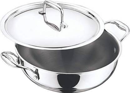 VINOD by Vinod Cookware Induction Friendly Platinum Triply Stainless Steel SAS Deep Kadai with Stainless Steel Lid Kadhai 20 cm diameter with Lid 1.5 L capacity