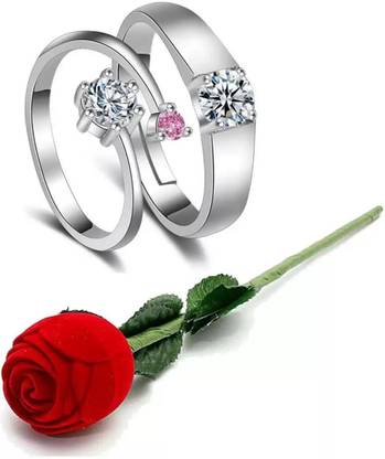 MYKI Valentine Day Proposal Adjustable Couple Ring With Red Rose Box Stainless Steel Swarovski Zirconia Sterling Silver Plated Ring Set