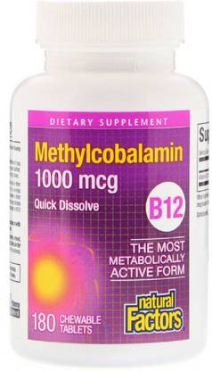 Natural Factors B12, Methylcobalamin, 1000 mcg, 180 Chewable Tablets