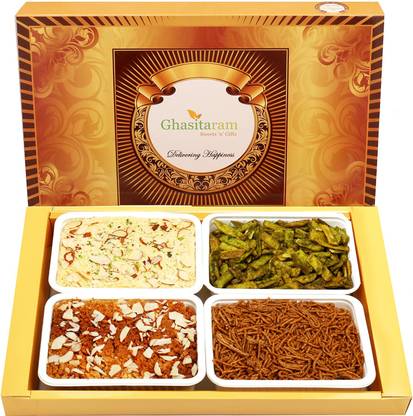 Ghasitaram Gifts Mithai-Box of Soan Papdi, Dodha Barfi, Potato Palak Chips & Sev Combo