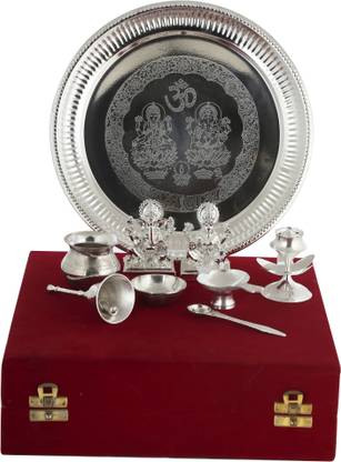 Delhi Gift House Laxmi Ganesh Idol/Murti, 6 Peices Pooja set in Red Velvet Box Brass, Polyresin, Silver