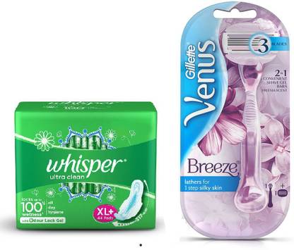 Whisper Ultra Clean Sanitary Pads XL Plus 44 Pc Venus Breeze Razor
