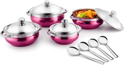 Jensons Pink 4 Handi with lid + 4 Serving Spoon Bowl, Spoon Serving Set