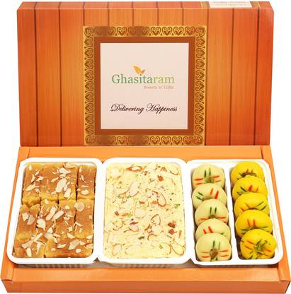 Ghasitaram Gifts Mithai-Soan Papdi, Mawa Peda and Mysore Pak Box