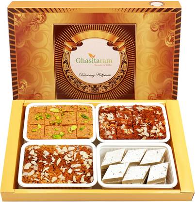 Ghasitaram Gifts Big Box of Kaju Katli, Besan Barfi, Dodha Barfi and Milk Cake Box