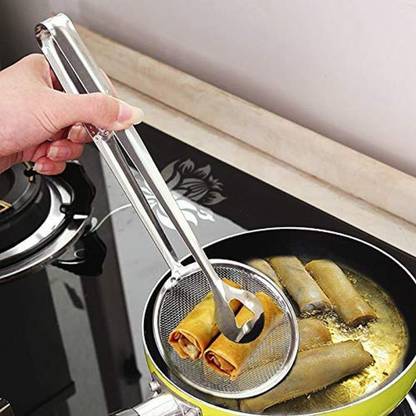 NFI essentials 2 in 1 Steel Fry Tool Filter Spoon Mesh Strainer Tongs Oil Skimmer with Clip Strainer